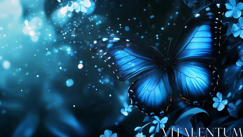 Luminous blue butterfly in glowing nocturnal bloomscape.