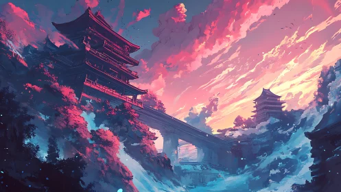 Elevated pagoda bridge spans spectral valley in neon dusk light