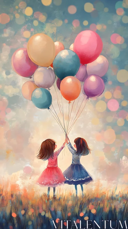 Two Girls Holding Vibrant Balloons in Dreamy Landscape