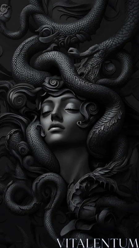 Medusa-inspired midnight portrait entwined with serpents.
