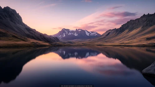 Glacial mountain range reflects in calm alpine lake at dusk