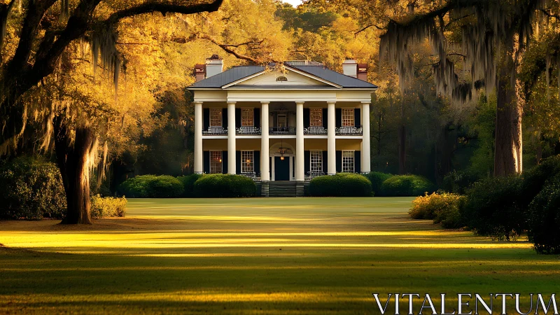 Southern plantation mansion framed by autumn oak trees.