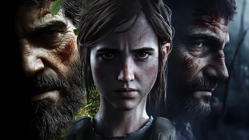 Hardened survivors framed in a tense, cinematic triptych.