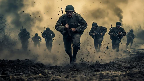 World War II infantry charge through smoke and mud under fire