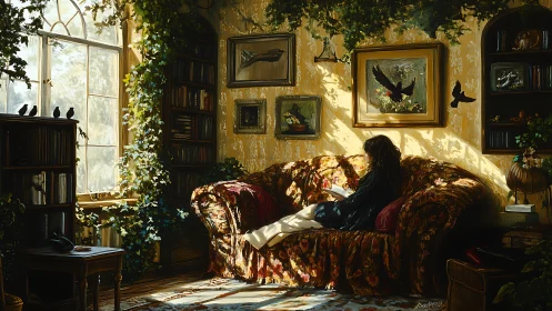 Sunlit reading nook with ivy, framed birds, and floral sofa