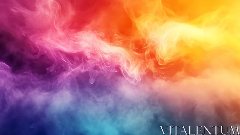 Chromatic mist storms swirl in a luminous rainbow sky.