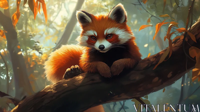 Red panda rests on forest branch in soft filtered light