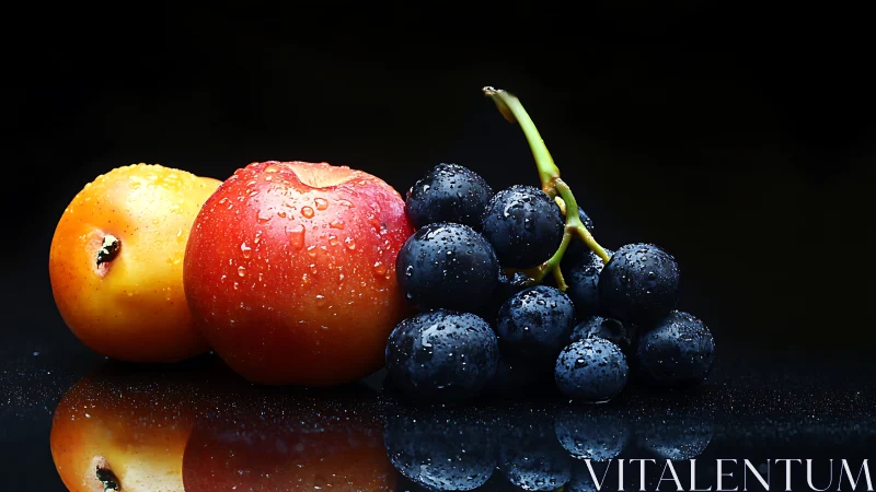 Water droplets on apples and grapes against black background.