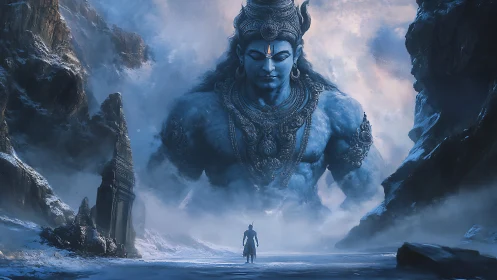 Colossal blue deity over frozen canyon with lone pilgrim.