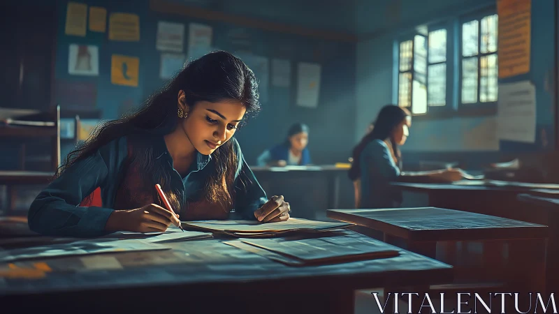 Focused student taking notes in sunlit classroom, realistic style.
