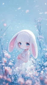Chibi bunny-girl stands in pastel floral meadow under diffuse light