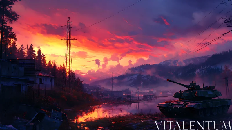 Sunset stillness over a lone tank in misty valley light.