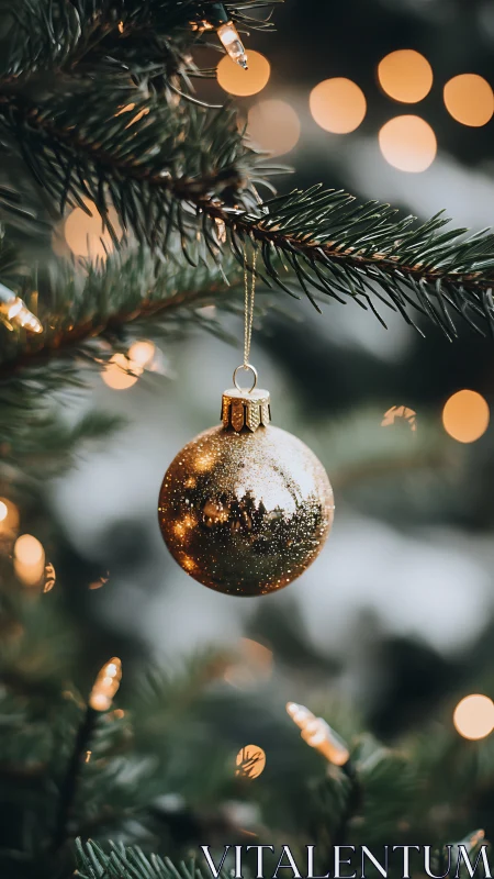 Gilded bauble hovers like a tiny sun in winter silence