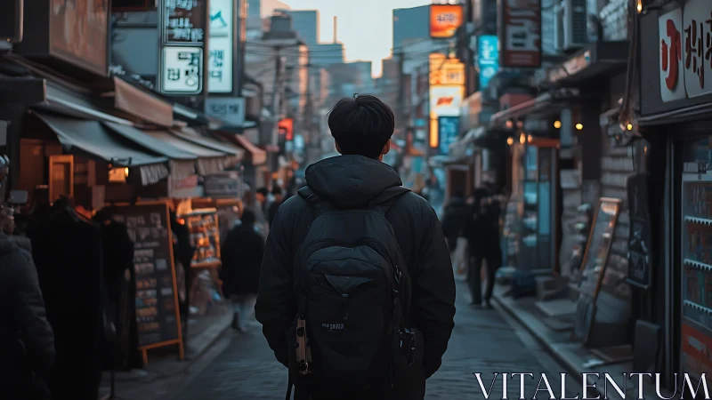 Solo traveler walks narrow neon alley at dusk in city