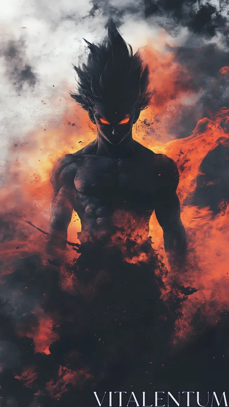 Embers crown a shadowed warrior rising through stormfire