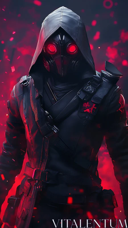 Hooded masked figure in tactical gear stands in red haze