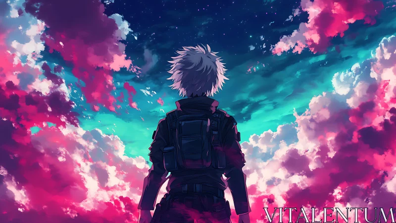 Starlit wanderer gazes into neon clouds and open sky.