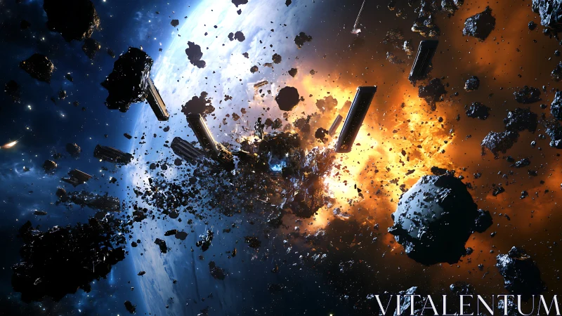 Space debris field intersects planetary limb under impact