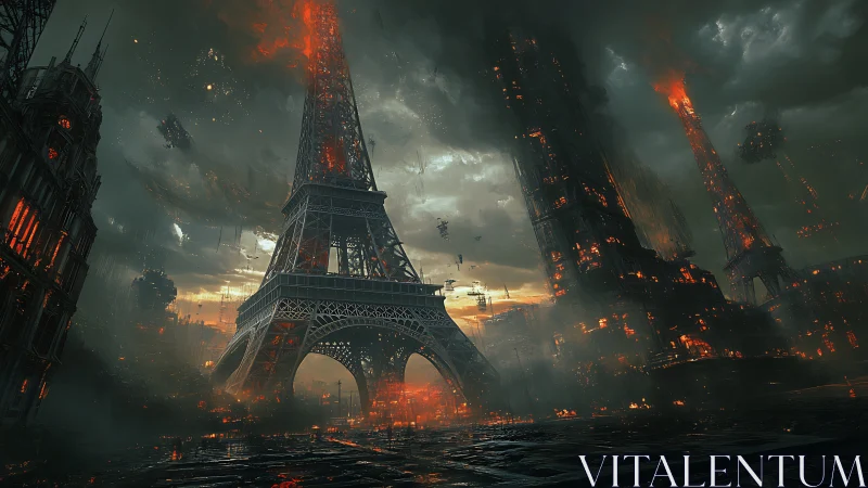 Eiffel Tower reborn in a moody, ember-lit future storm.