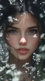 Hyperreal female portrait with close-up face framed by flowers