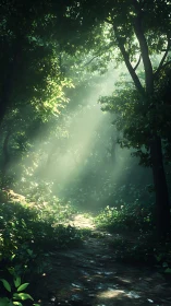 Luminous Forest Pathway: Atmospheric Light Through Dense Canopy.