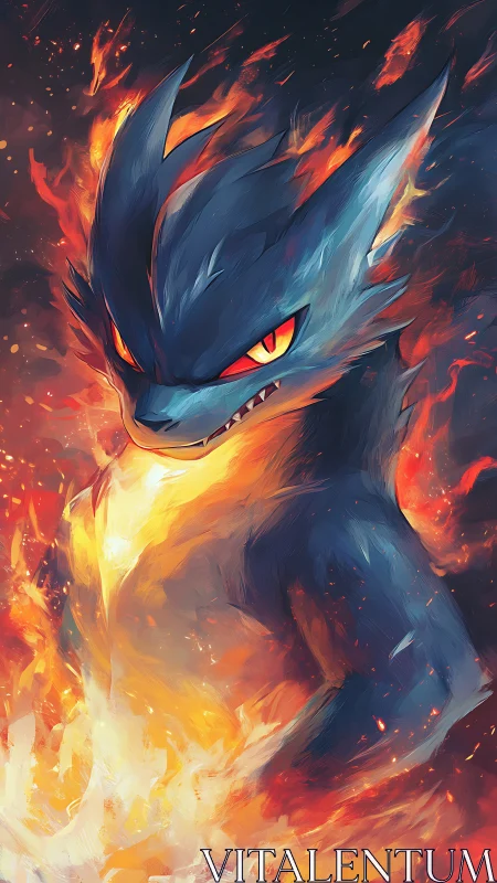 Fiery blue creature rising boldly through swirling flames.