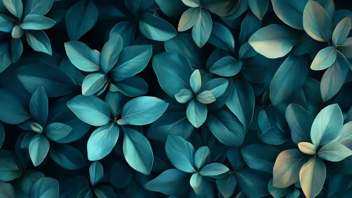 Teal-toned foliage pattern with layered overlapping leaves.