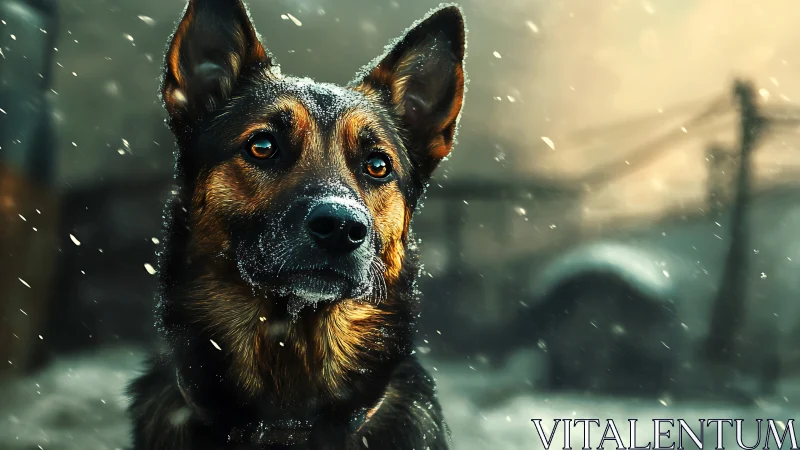 Snow-kissed shepherd gazes softly through the winter hush