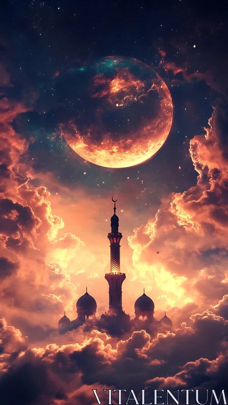 Celestial mosque rises through blazing clouds beneath moon