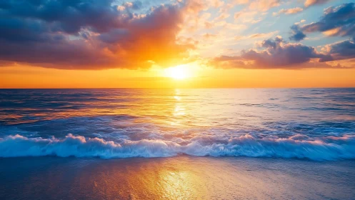 Sunset tide spilling molten gold across quiet shoreline.