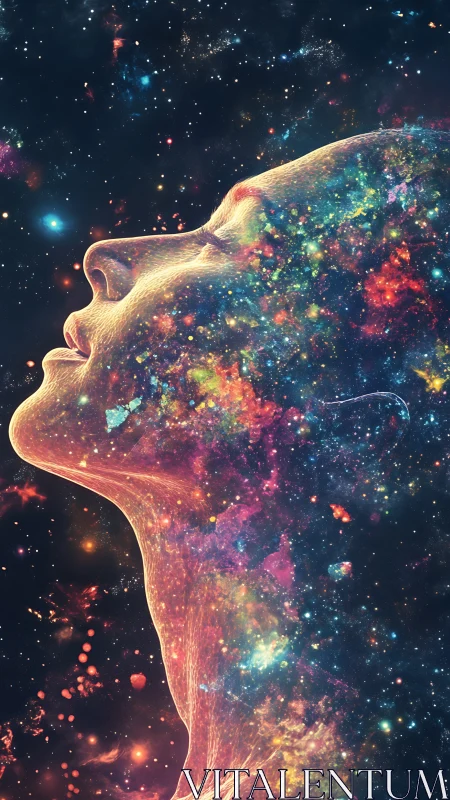 Human profile blended with colorful cosmic nebula field.