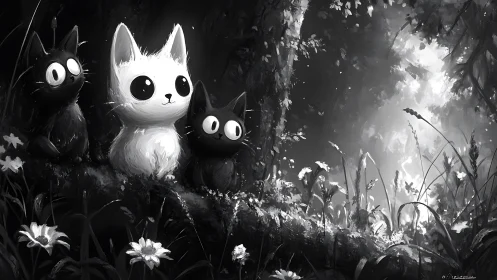 Three Stylized Felines in Monochromatic Woodland Setting.