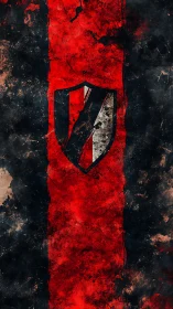 Textured red banner with distressed shield emblem dominates