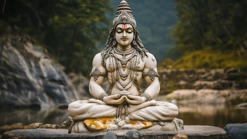 Stone Shiva meditation statue beside serene forest river.