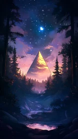 Mystic forest pyramid under starry twilight sky.