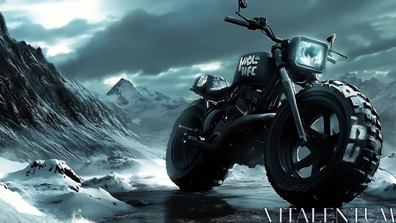 Custom off road motorcycle on icy mountain road at dusk