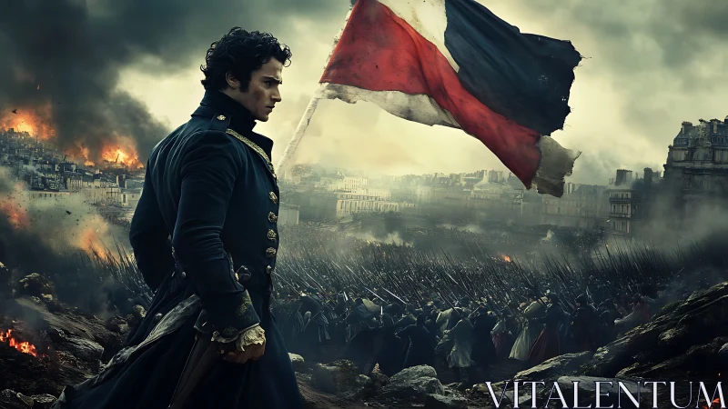 Revolutionary officer stands before burning city and torn flag