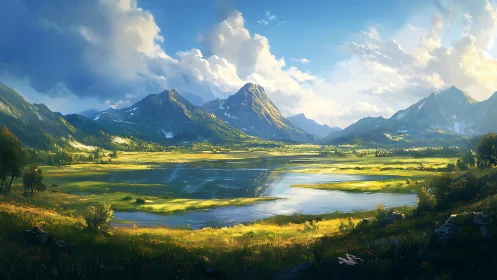 Sunlit alpine valley lake under towering blue mountains.