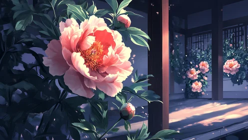 Soft garden peonies glow gently beside a tranquil veranda