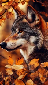 Autumn-lit wolf gazes through golden leaves in quiet focus