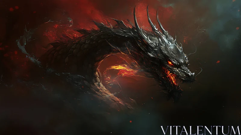 Draconic head with molten core in dark smoke field.