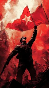 Revolutionary soldier raises red banner over burning city