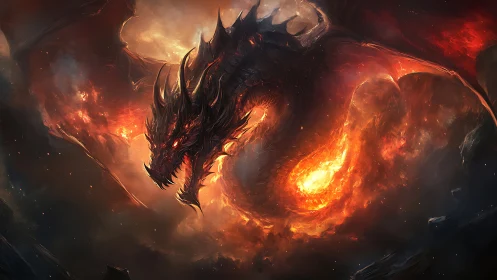 Molten fire dragon coils through a storm of blazing embers.