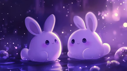 Luminous chibi bunnies in violet bokeh water environment.