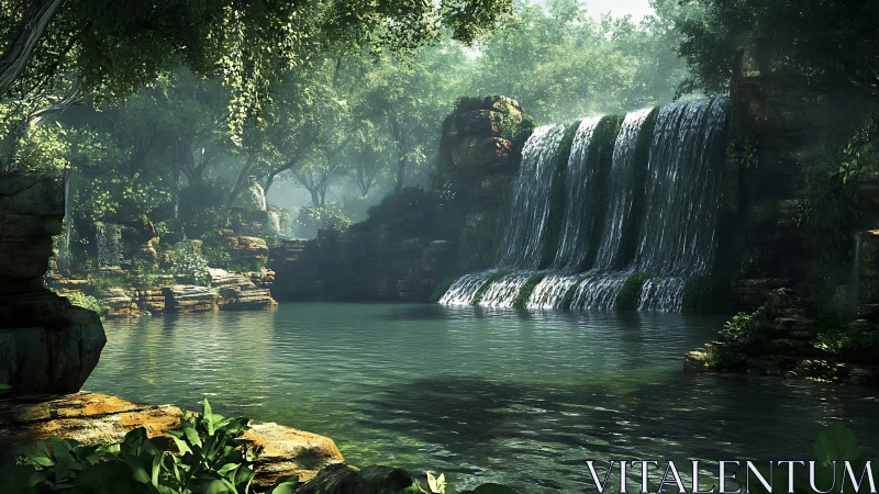Sunlit jungle waterfall spills into tranquil emerald pool.
