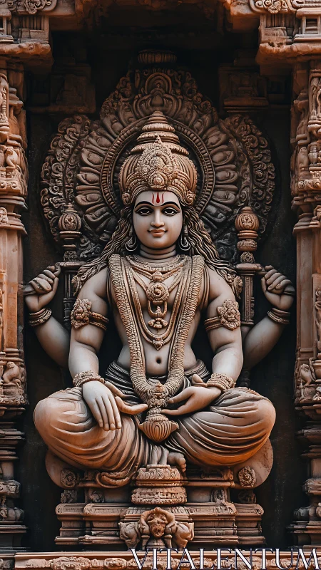 Intricate stone deity sculpture on ornate temple wall.