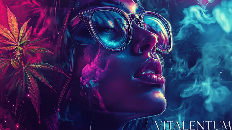 Neon-lit woman exhaling psychedelic smoke in vapor haze.