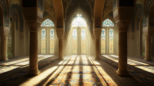 Radiant Islamic hypostyle hall with volumetric stained-glass light.