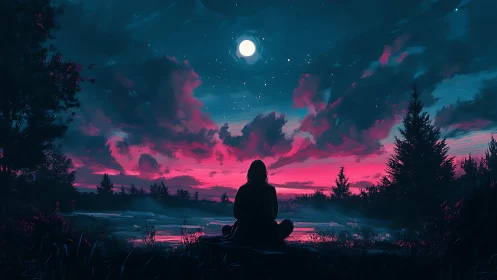 Solitary figure under neon dusk sky by moonlit lake.