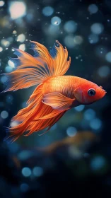 Glowing orange betta fish drifting through bokeh depths.
